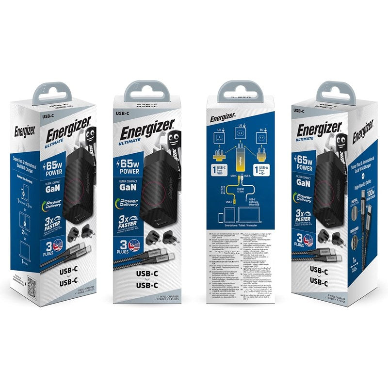 Energizer Ultimate 65W PD/QC Wall Charger with Universal Plug, GaN Technology, Dual Output, USB-C to USB-C Braided Cable - Black Energizer Ultimate 65W PD/QC Wall Charger with Universal Plug, GaN Technology, Dual Output, USB-C to USB-C Braided Cable - Black